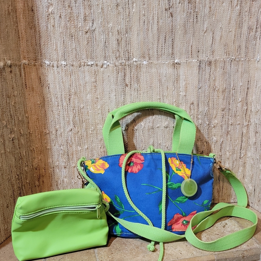 Liz Claiborne Red Poppy Floral or Solid Lime Green Reversible Mini Purse Tote